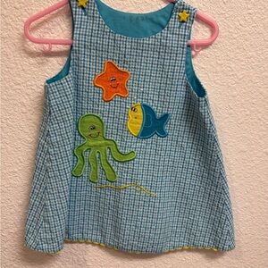 Blue Gingham Toddler Dress with Sea Creatures